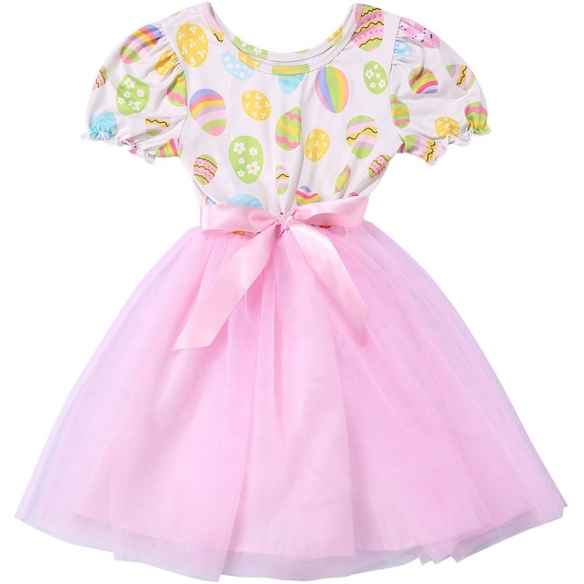 2019 New Arrival Easter Girls Dress Egg Print Colorful Kids Dresses Short Sleeve Knee-length Children Dress Bow Decor Clothing