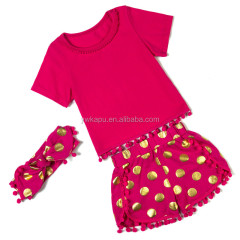 New Arrival Gold Dot Summer Short Sleeve Shirt And Pompom Shorts Posh Baby Boutique Outfit