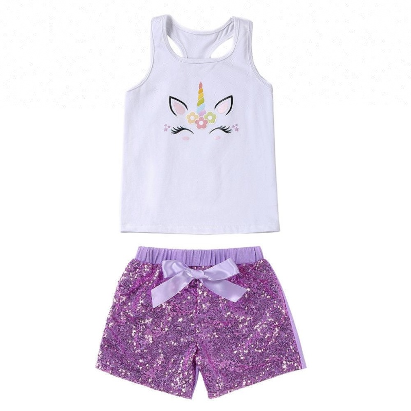 Unicorn Tank Top And Sequin Shorts With Bowknot Outfit Girls Clothing Set