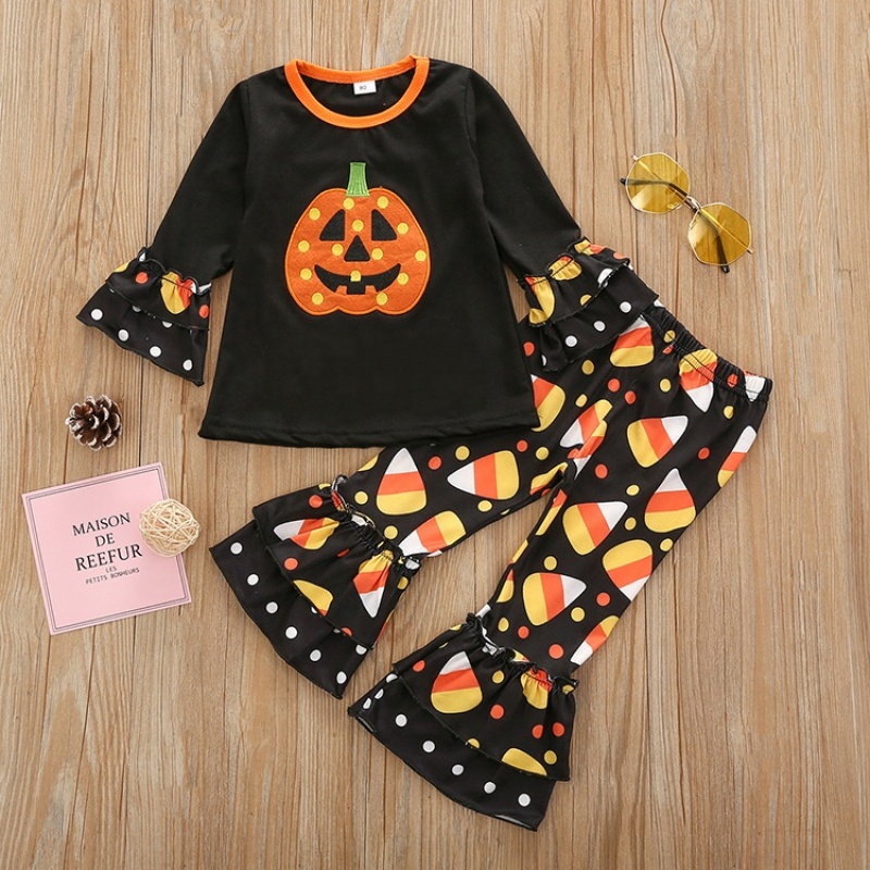 Supplier fall halloween pumpkin girls ruffles baby flared long pants outfits