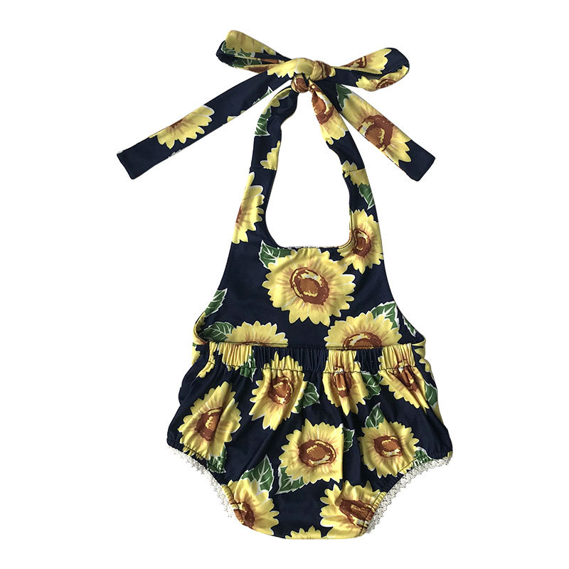 Wholesale Infant  sunflower halter Baby Romper With Headband Set
