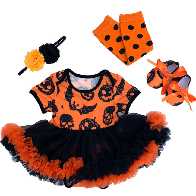 Fall Halloween Clothing Little Baby  Girls Short Sleeve Dress Pumpkin set
