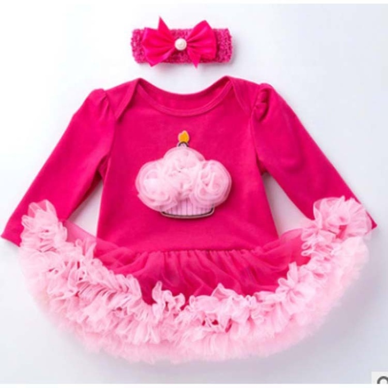 Hot Sale Long Sleeve Newborn Baby Girl Birthday Party Dress With Headband 