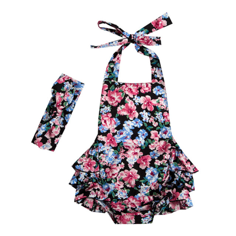 Super Quality Cotton Backless Baby Girls Rompers Flower Printed Halter Kids Rompers With Headband