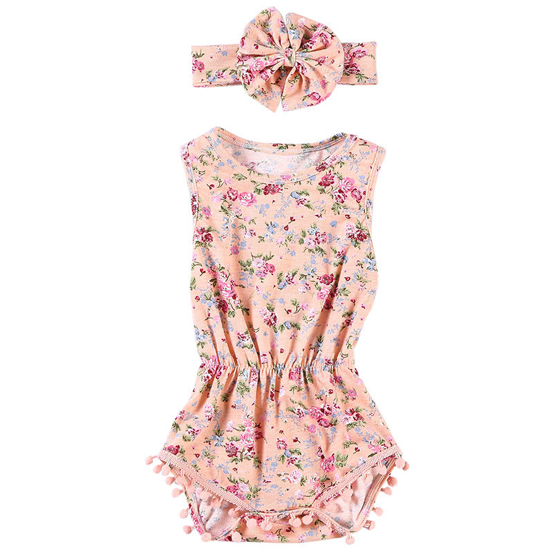 Wholesale  ruffle pompom romper with flower  headband sets fancy baby girl romper outfits