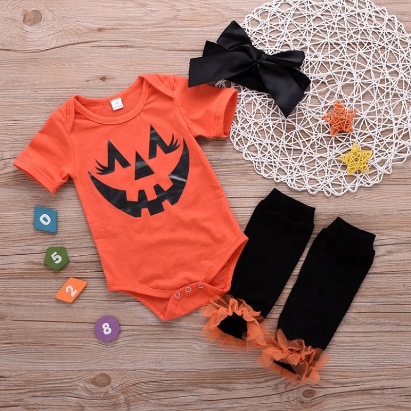 Wholesale cheap high quality halloween clothes pumpkin printed rompers kids 2021 clothing