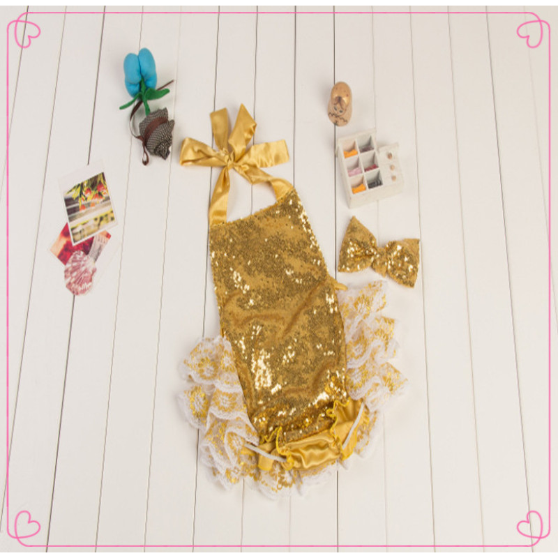 Kids Girls One Piece Children Swimsuit With Lace Kids Sleeveless Ruffle Gold Sequin Romper