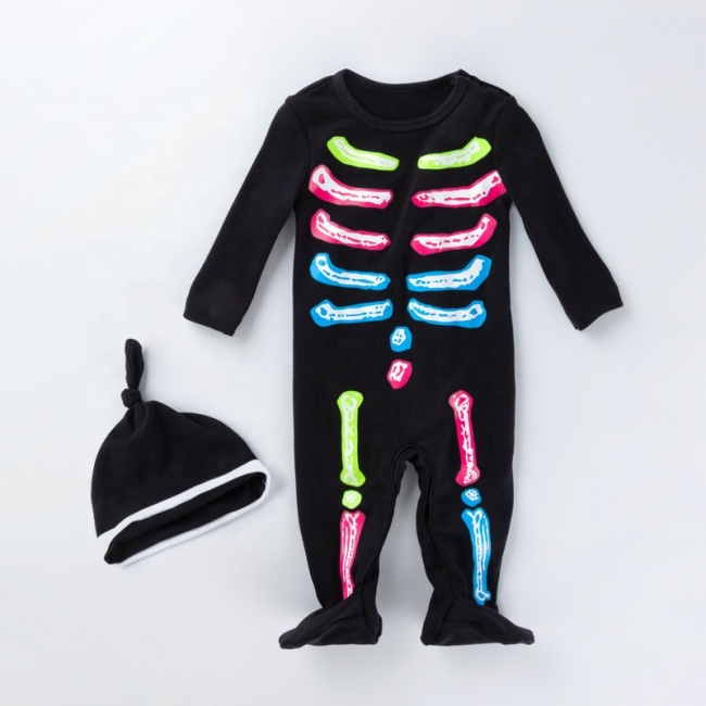 2021 black trendy creative bone halloween skeleton 2 piece set baby jumpsuit