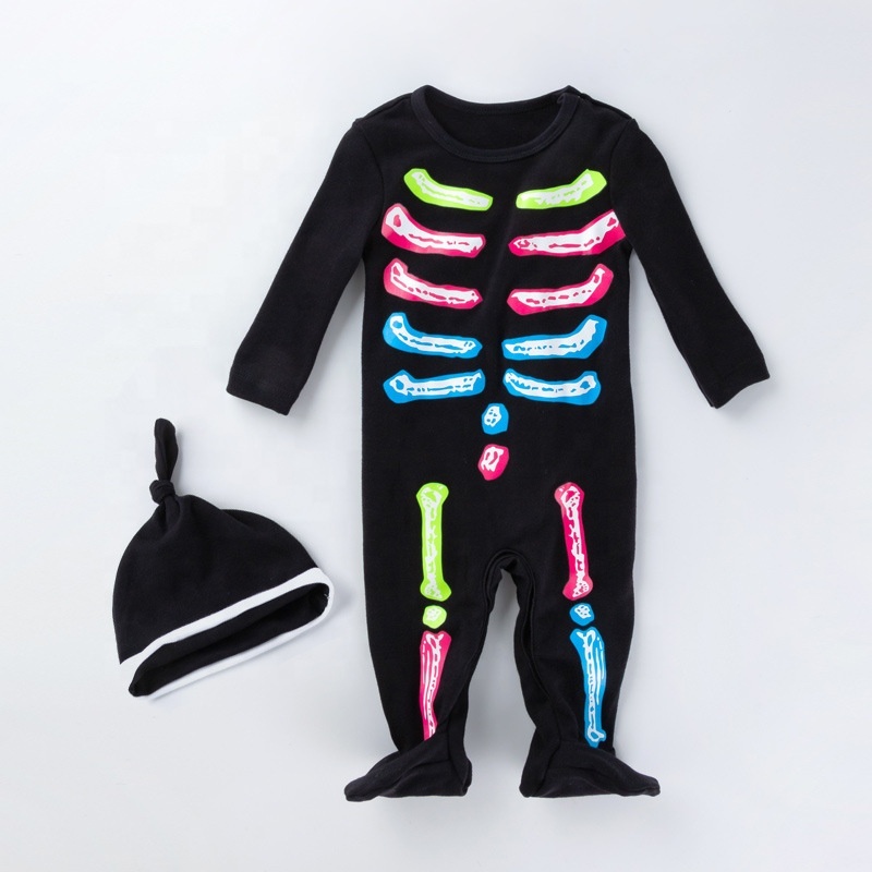 2021 black trendy creative bone halloween skeleton 2 piece set baby jumpsuit