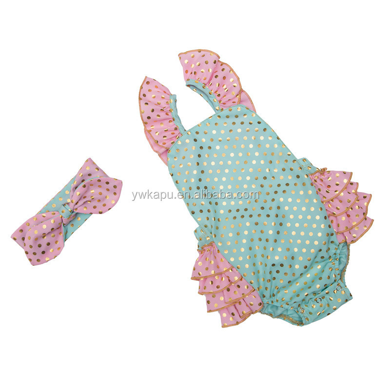 Fancy baby gold polka dot romper kids summer clothes seaside bella romper with headband