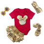 Little Girl Mini Romper Outfit Set With Gold Diaper Cover And Headband As Well As Baby Shoes