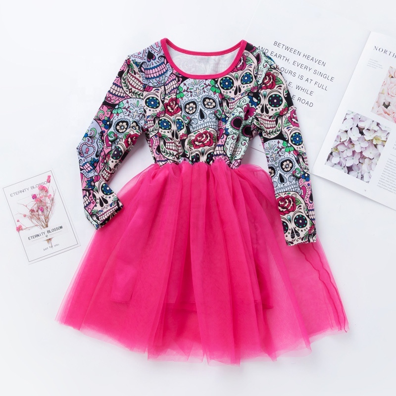 Cheap bone printed high quality long sleeve punk kid girl tulle layered dress