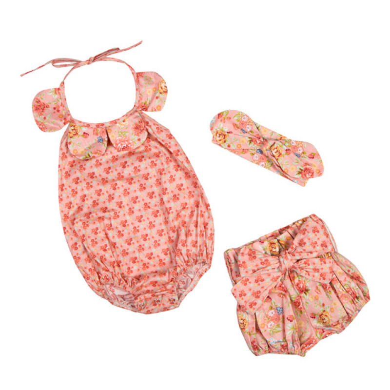 Baby Infant Girls Floral Halter Romper With Short Pants And Headband Outfit Set