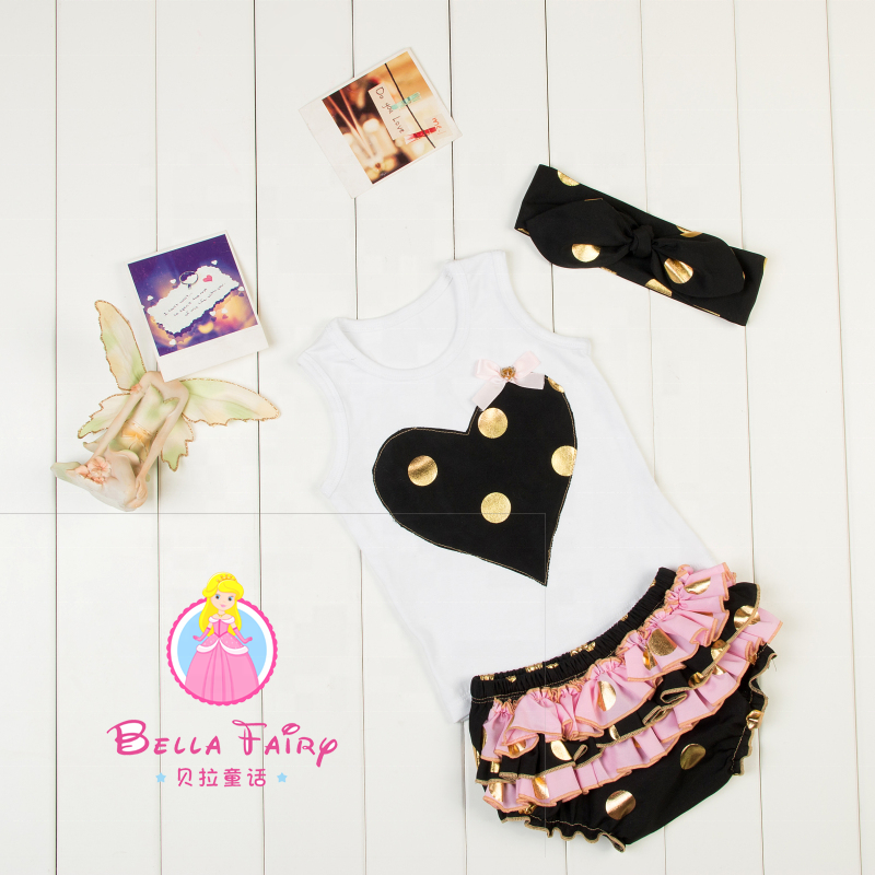 Boutique Children's Clothing Baby Girls Gold Polka Dot Cotton Ruffle Tee Shirt Match Shorts Outfits
