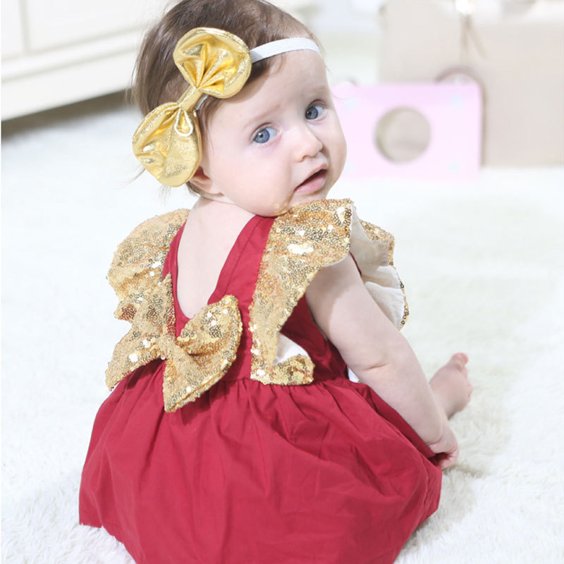 Wholesale Boutique Stylish Backless Baby Girls Dresses Rompers Jumpsuit with Sequin Ruffle Sleeve and Bow