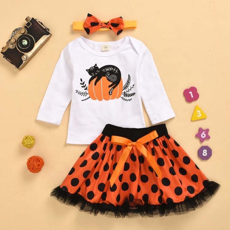 Cheap high quality trendy pumpkin polka dots toddler tutu bow skirt