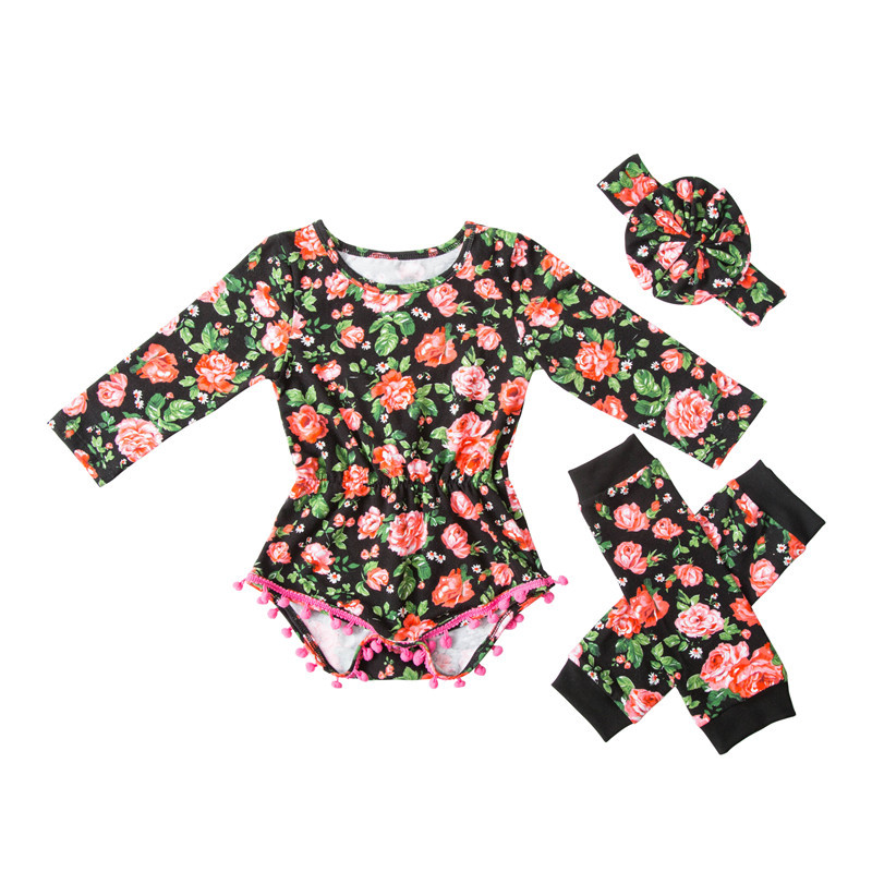 Newborn girls boutique clothing baby flower romper set socks +headband 3 pcs