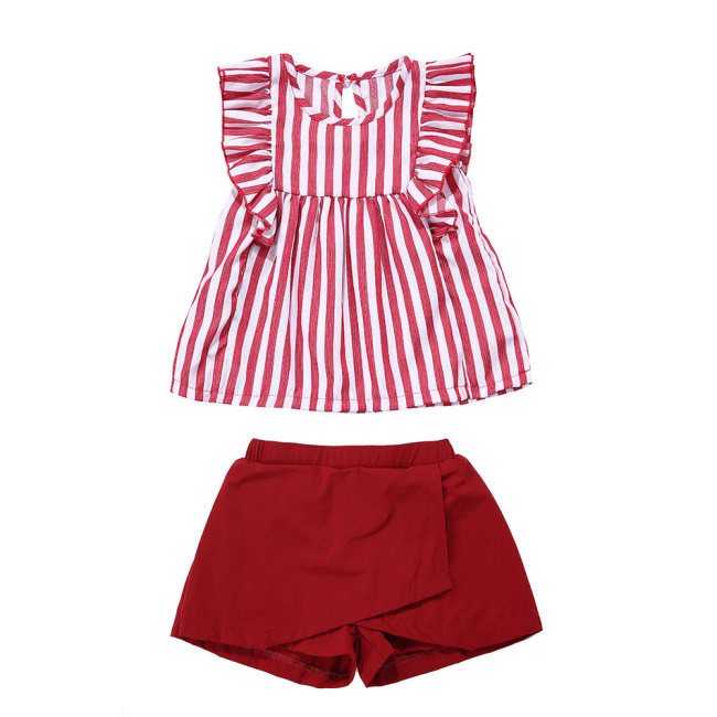 Wholesale Children's Boutique Stripe Sleeveless Ruffle Top With Short Pants Outfit Clothes Set