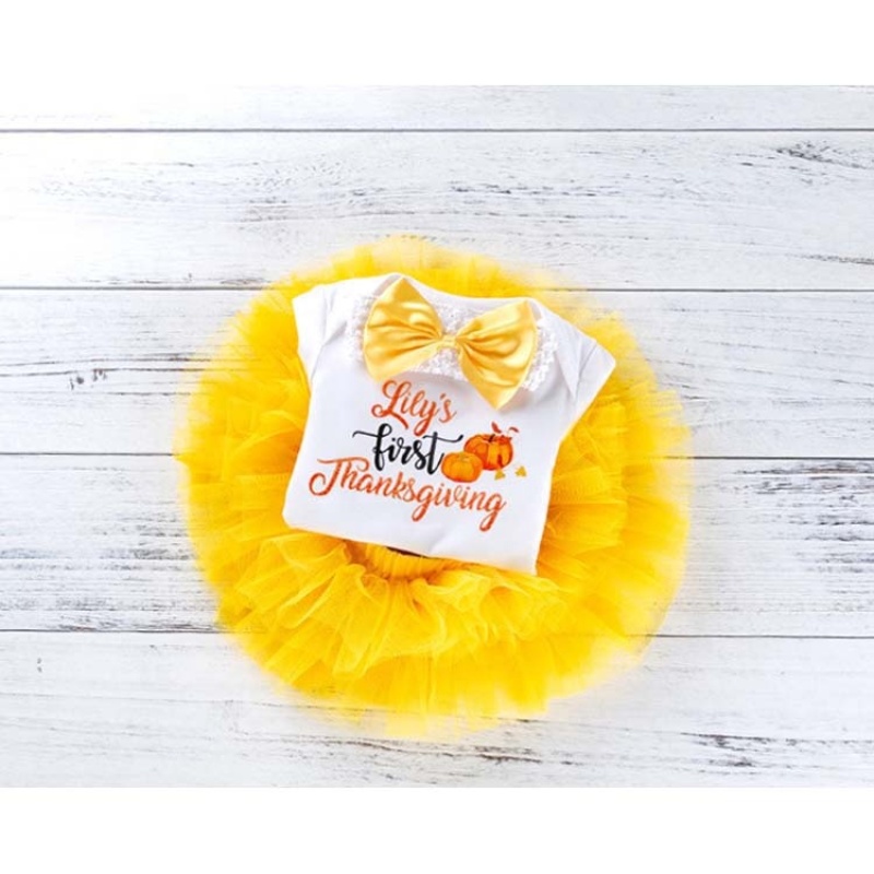 Thanksgiving day yellow short sleeve bow headband  layered mesh skirt three pieces baby rompers