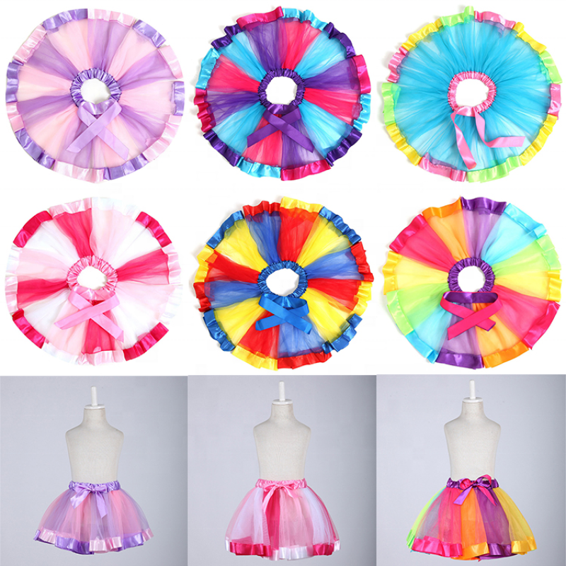 Hot Multicolor Birthday Dance Tulle Rainbow Ribbon Bow Baby Girls TUTU Skirts