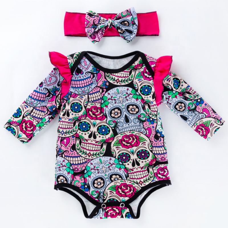 New arrival bone cotton printed trendy punk long sleeve halloween romper