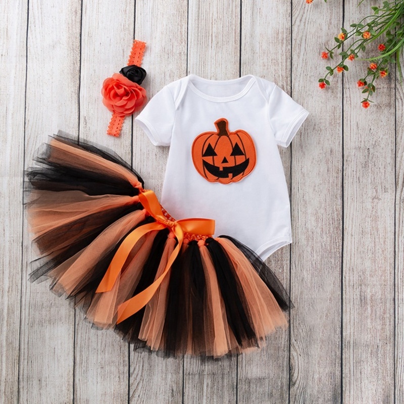 Halloween baby cute pumpkin customized clothes pleated skirt baby rompers