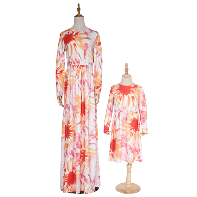 Wholesale price mommy and me tie dye fall elegant long sleeve maxi dress