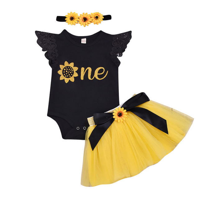 Wholesale Organic Cotton Knitted Sunflower Pattern Romper And Skirts With Headband Set