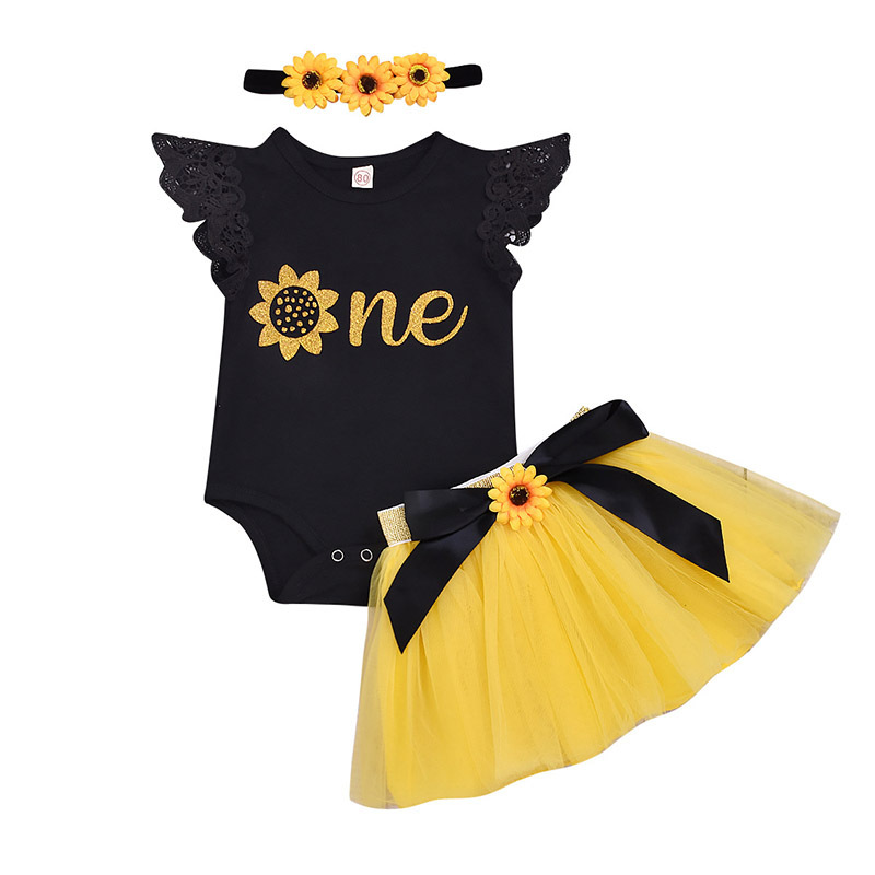 Wholesale Organic Cotton Knitted Sunflower Pattern Romper And Skirts With Headband Set
