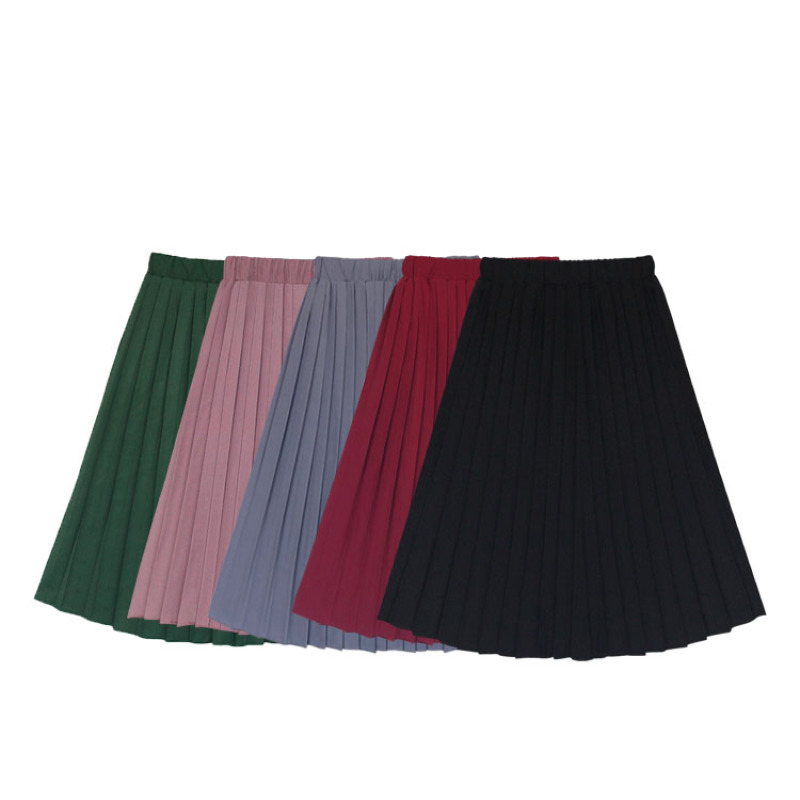 New trend elasticized waist lightweight pure color long spring kids pleated skirt