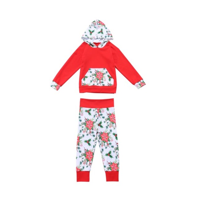Hot Sale Kids Boutique Christmas Hooded Red Outfit with Floral Print