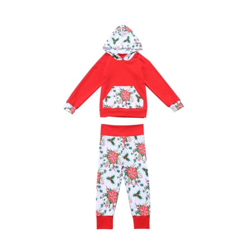 Hot Sale Kids Boutique Christmas Hooded Red Outfit with Floral Print