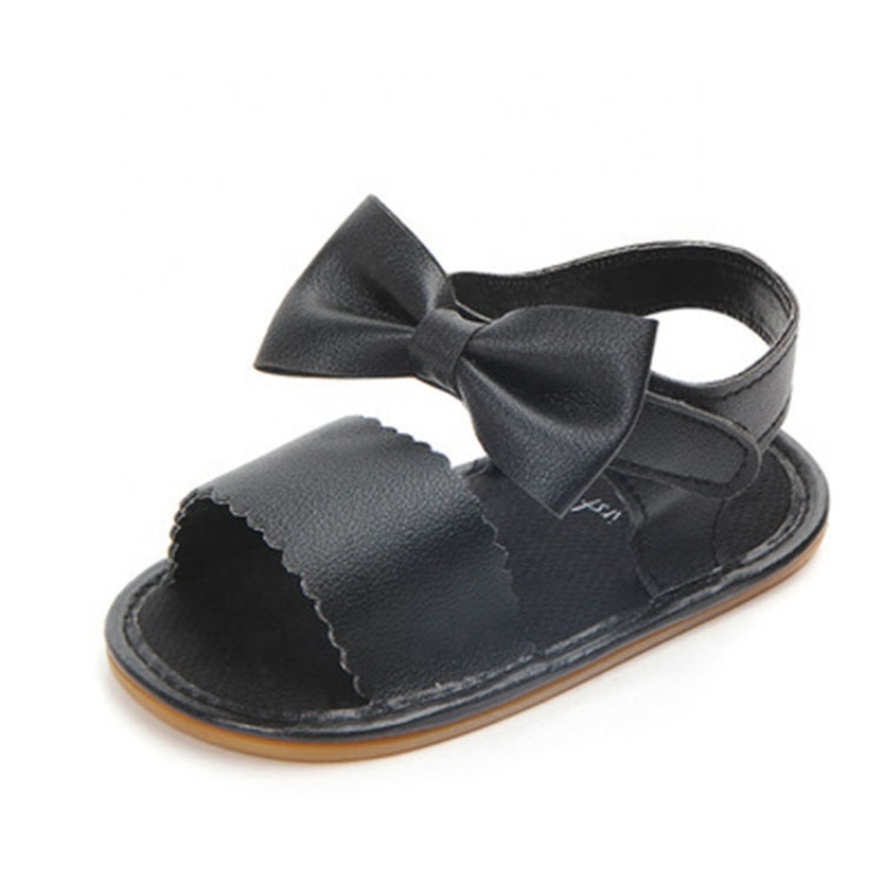 Hot sale black white leather baby shoes soft bow sandals
