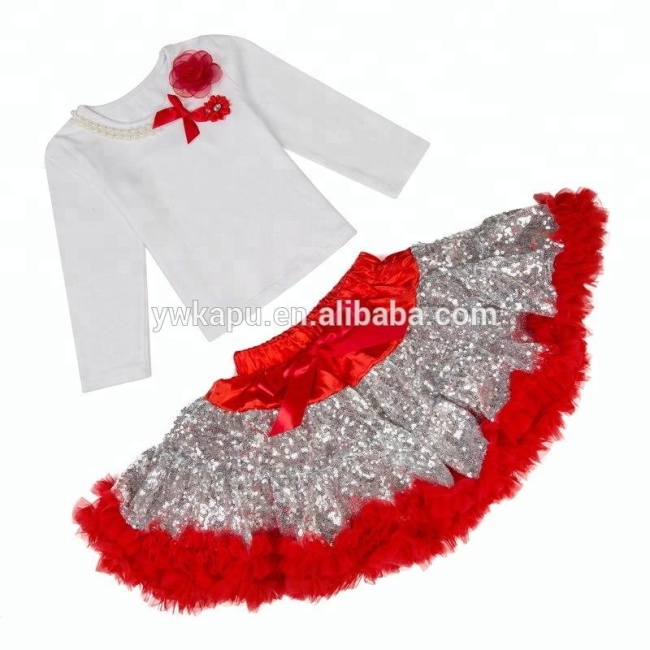 Wholesale children's boutique clothing flower decorate long sleeve top match sequin tutu skirt girl outfit