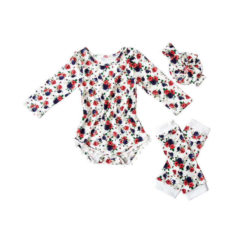 Newborn girls boutique clothing baby flower romper set socks +headband 3 pcs