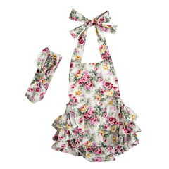 Super Quality Cotton Backless Baby Girls Rompers Flower Printed Halter Kids Rompers With Headband