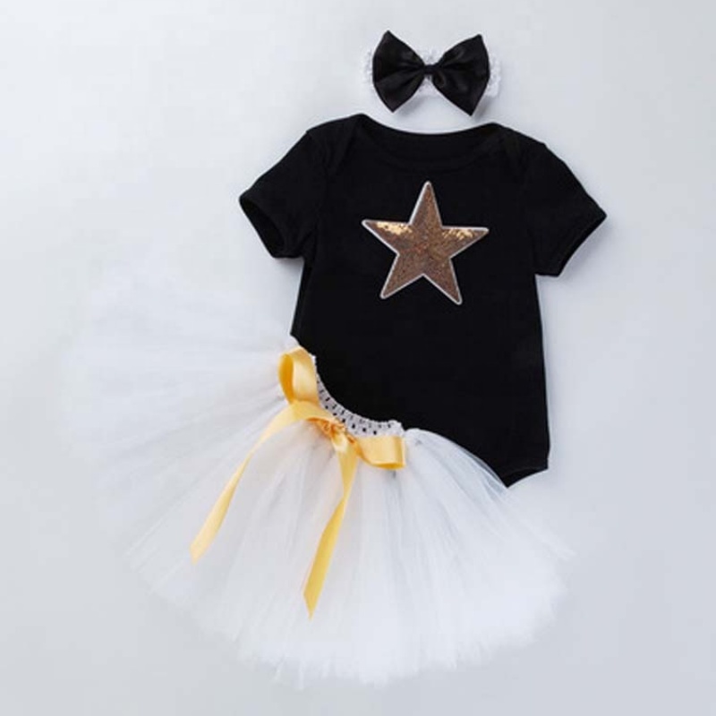 Factory Sale Soft Cotton Boutique Toddler Girl Romper With Tutu Skirts And Headband Set