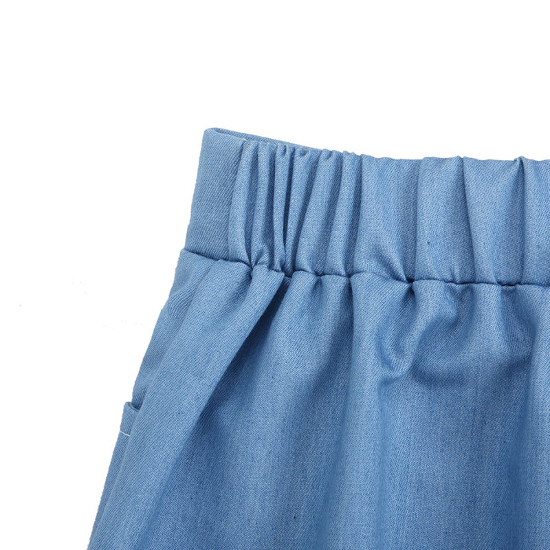 KAPU Mini school  Bow Short Dress Girl Pleated Elastic Waist Denim Skirts  With Pockets