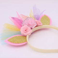 Wholesale Gold elastic designer birthday party cat ear flower  unicorn horn gauze headbands for baby girls