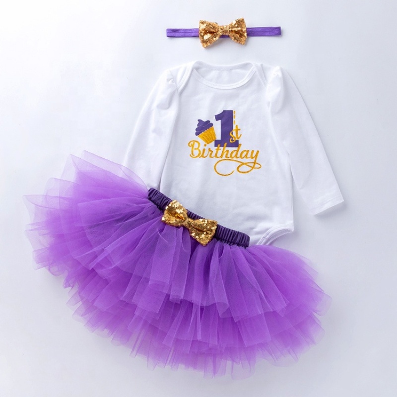 Wholesale Baby Girl Birthday Outfit Set Cotton Romper With Tutu Skirts And Headband Clothing Set