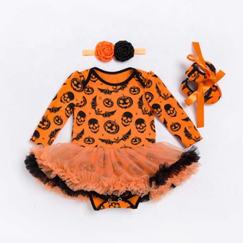 2021 fall black little girls pumpkin printed clothes tutu dresses 3 piece set