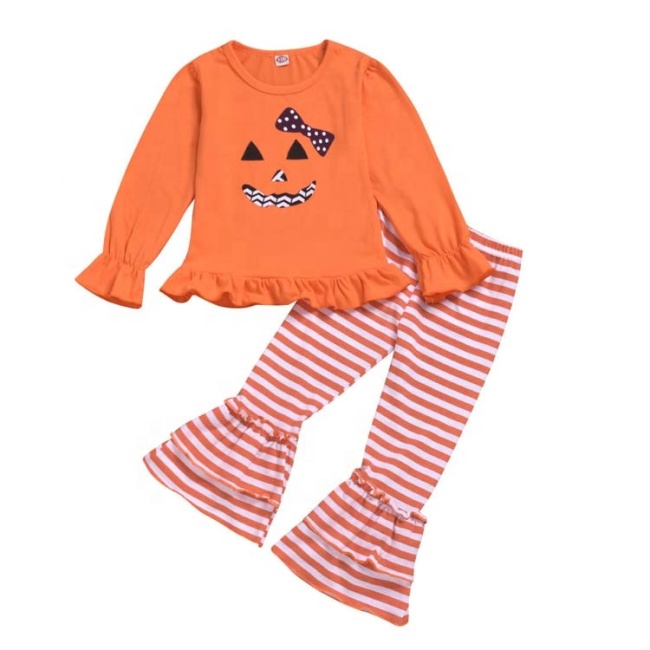 Supplier fall halloween pumpkin girls ruffles baby flared long pants