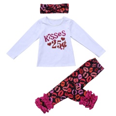Kids Girls Kissing Lips Printed Ruffle Leggings and Top Spring Set with a Cute Headband