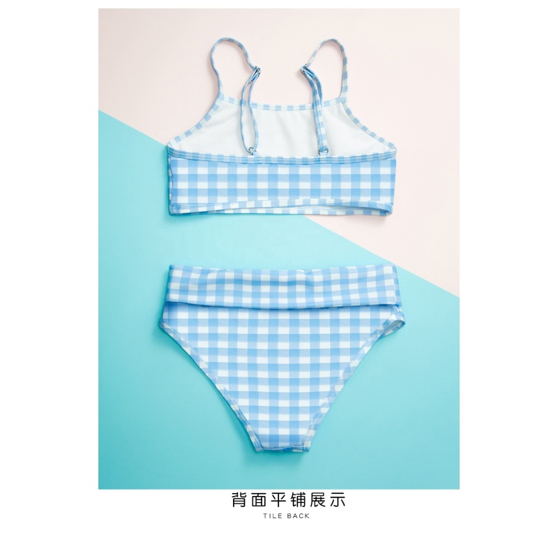 2021 summer modest blue swimwear plaid string bikinis