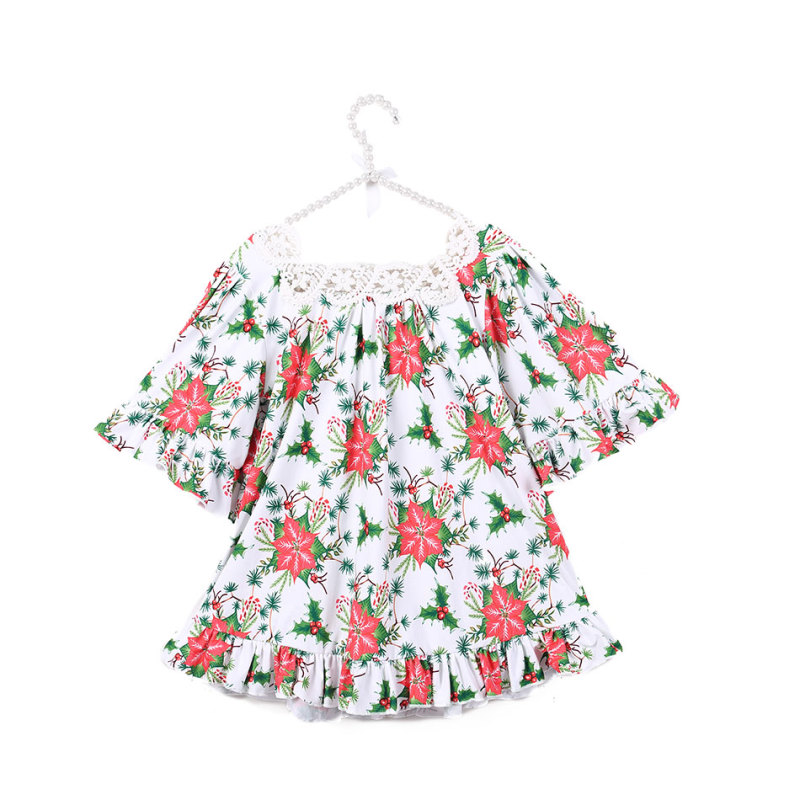 Fashion Blouse for Kids Girls with Ruffle Swing and Lace Square Collar Desgin