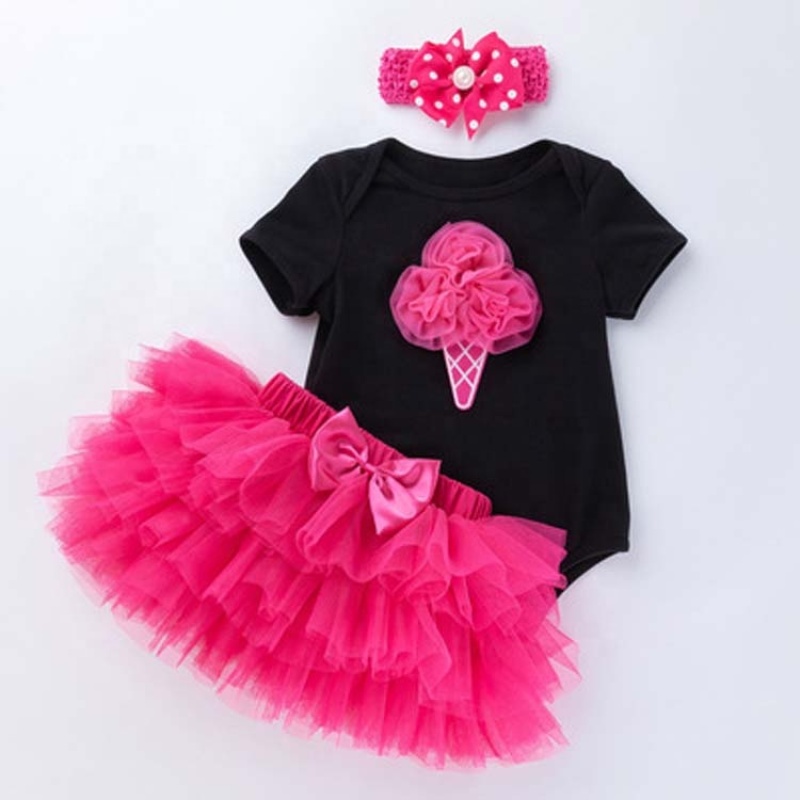 Manufacturer Sale Cotton Baby Girl Birthday Party Wear Bodysuit With Skirts And Headband