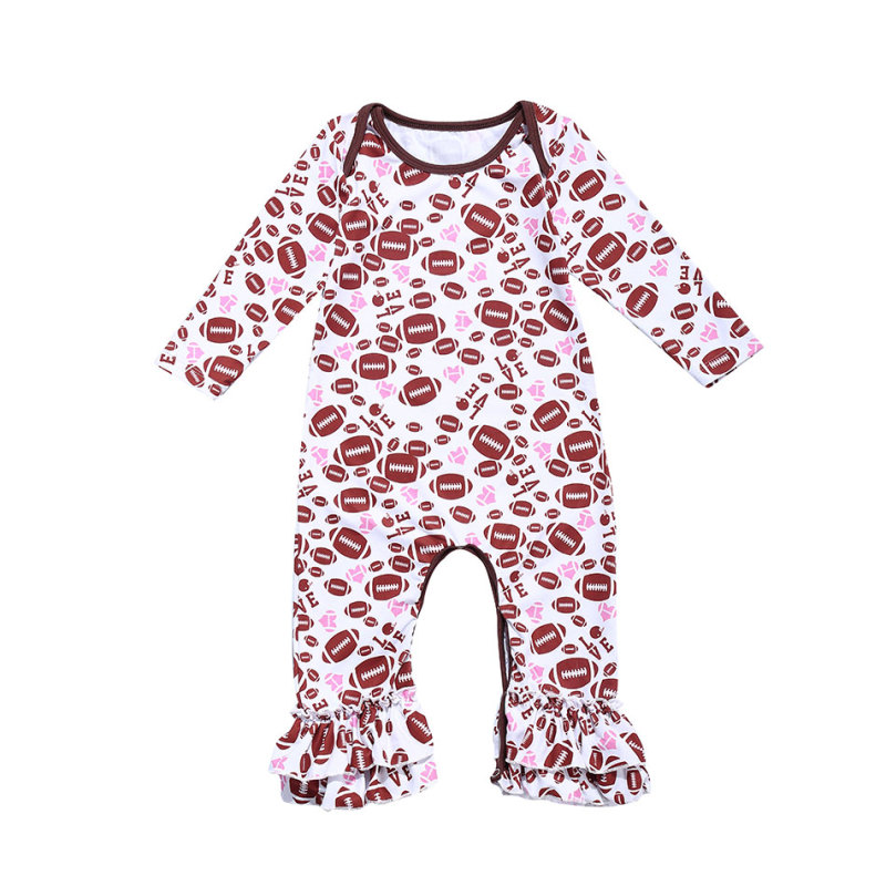 Fancy Football  Pattern Long Sleeve Baby Girl Icing Ruffle Onesie