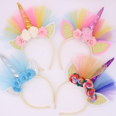 Wholesale Gold elastic designer birthday party cat ear flower  unicorn horn gauze headbands for baby girls
