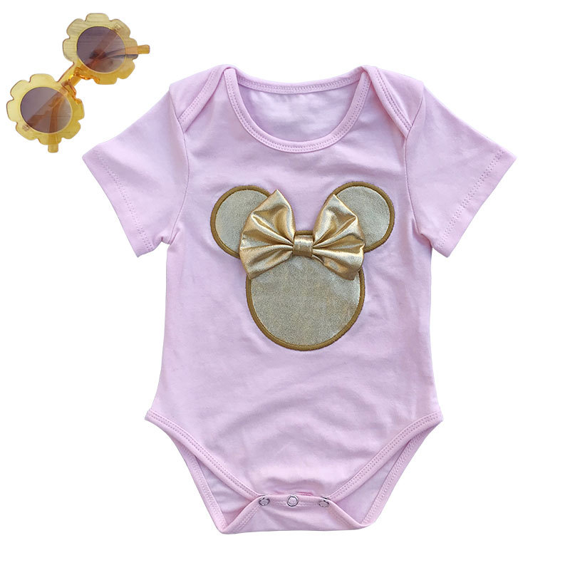 Little Girl Mini Romper Outfit Set With Gold Diaper Cover And Headband As Well As Baby Shoes