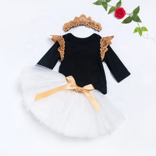 New arrival black toddler tulle pleated skirt vintage 3 piece set romper